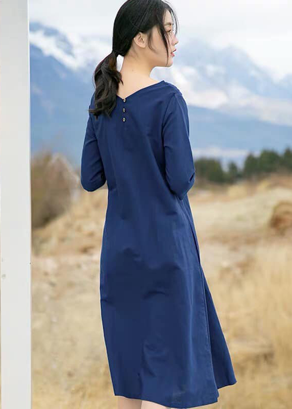 Đầm suông dáng chữ A cổ V tay lỡ xanh than, chất thô mềm mát, thời trang phong cách Hàn Quốc