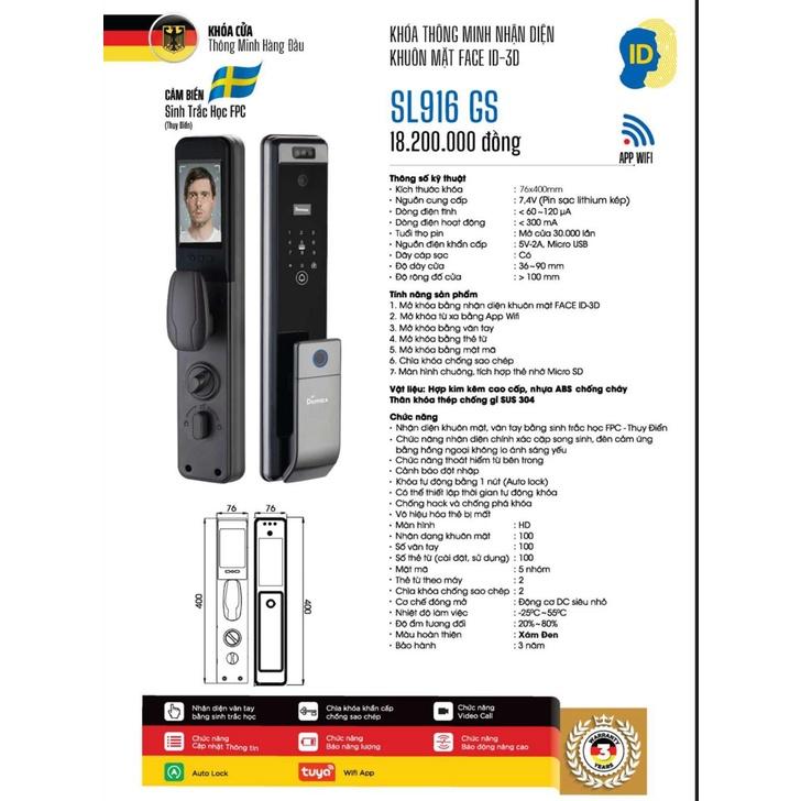 Khóa thông minh nhận diện khuôn mặt Face ID, thẻ từ,sinh trắc vân tay, mật mã công nghệ Đức Demax SL916GS