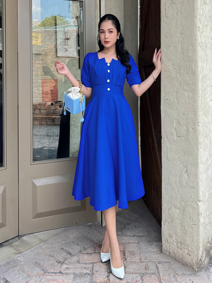 [HCM] MS075 Đầm xòe phối nút cách điệu cho cô nàng thêm xinh  - Khánh Linh Style