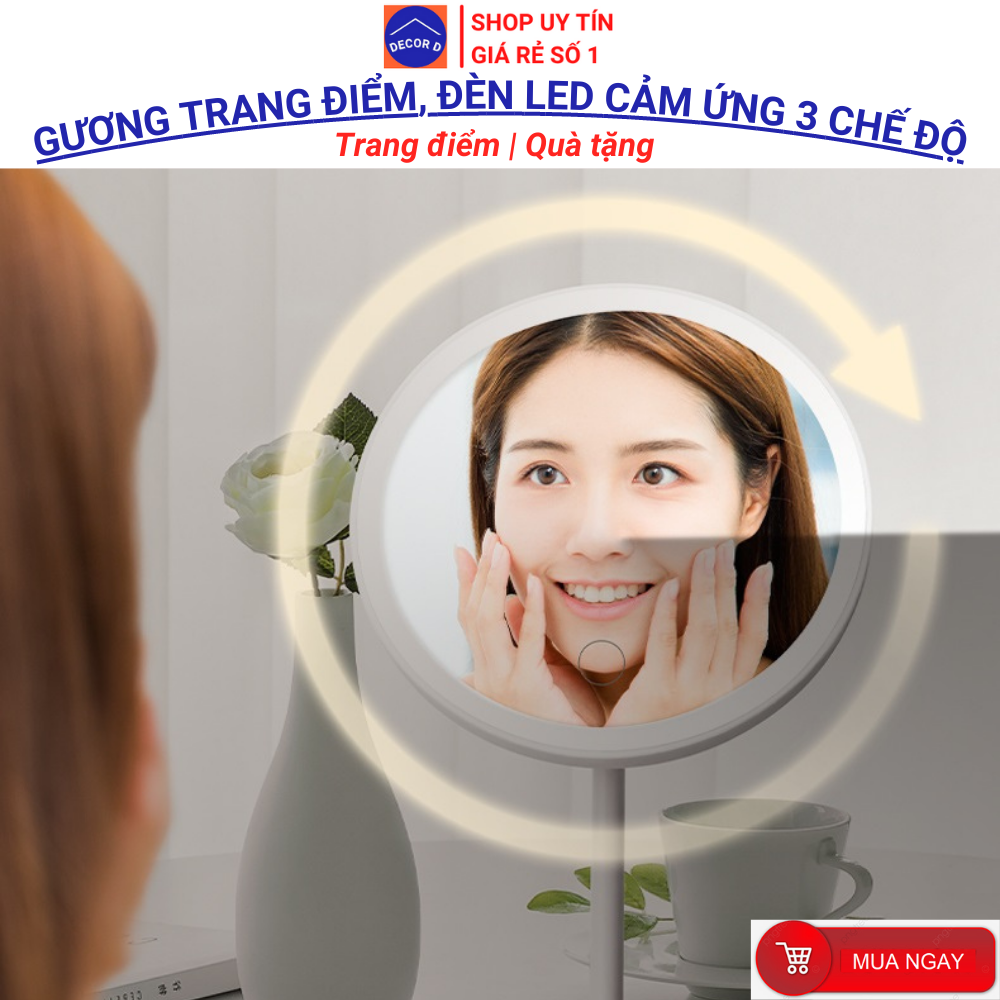 Gương trang điểm đèn led, Gương để bàn trang điểm Hàn Quốc decor xinh xắn dễ thương [Kèm pin dây sạc USB