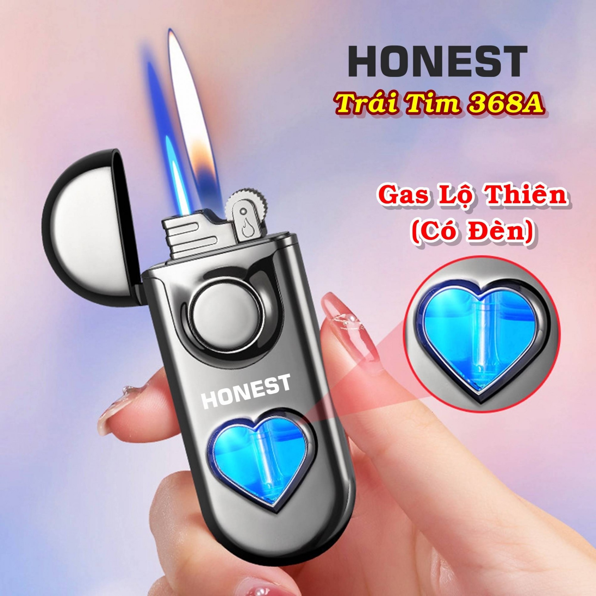 Hột quẹt bật lửa Honest 2 chế độ lửa gas lộ thiên có đèn hình trái tim 368A - xài gas