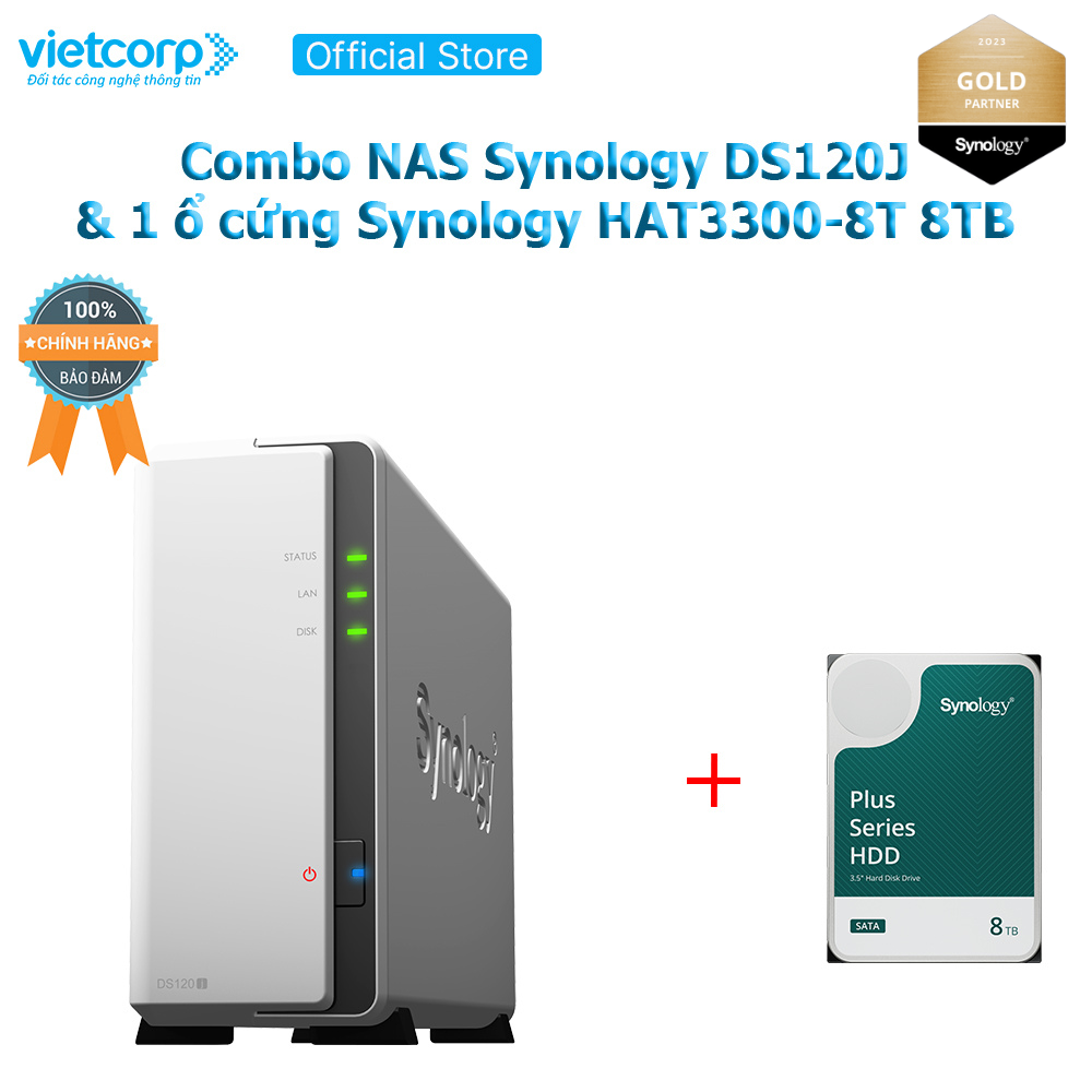 Combo Thiết bị lưu trữ NAS Synology DS120j và 1 ổ cứng HDD cho NAS Synology HAT3300-8TB Hàng chính hãng