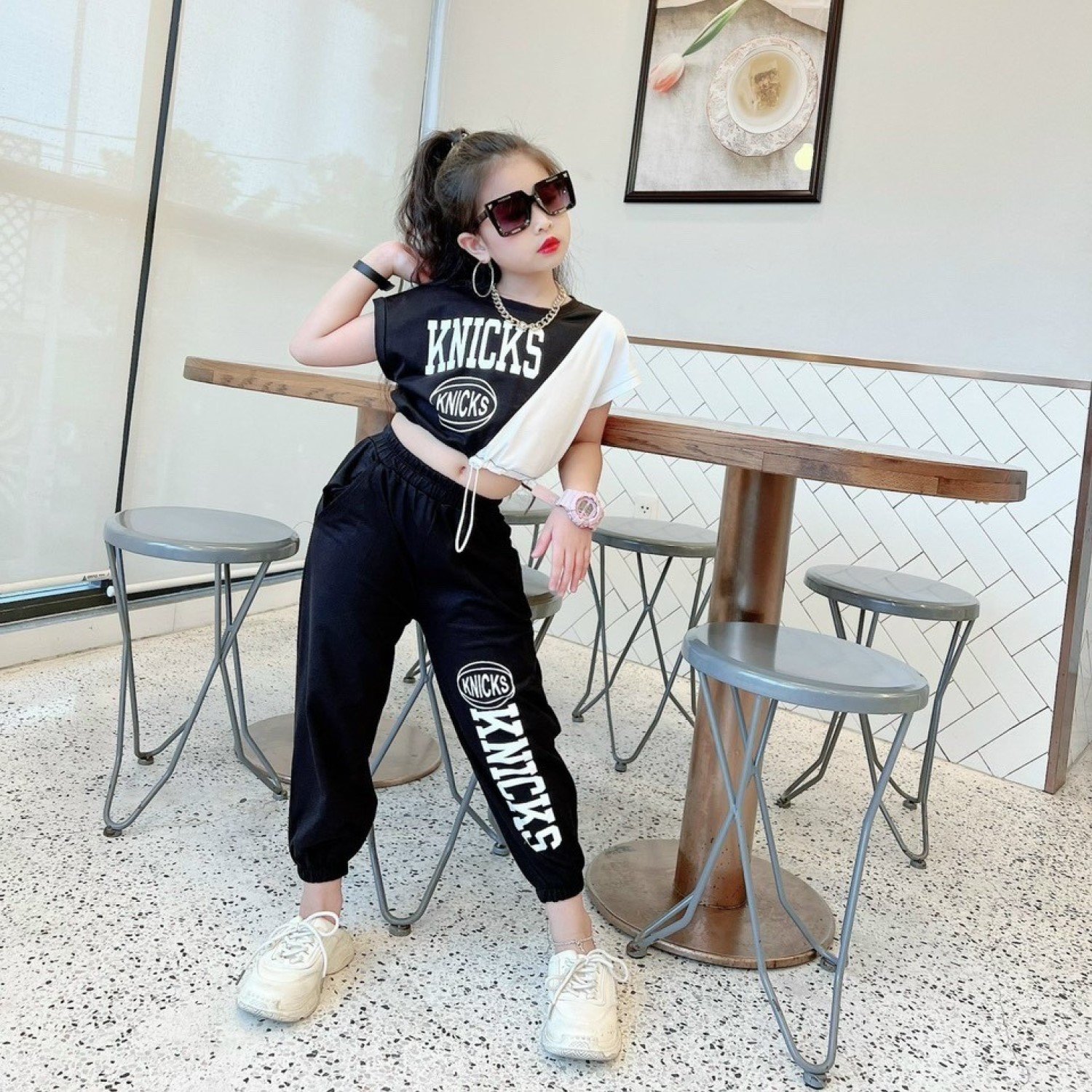 G0816 Set áo croptop và quần jogger thun cotton cho bé gái