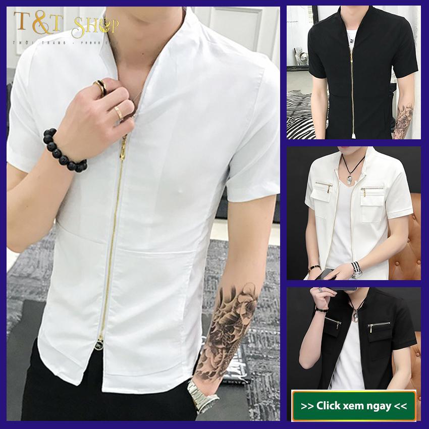Áo sơ mi, Áo sơ mi nam cộc tay cổ phối khóa độc lạ, trẻ trung, phong cách chất vải mềm mát MÃ- N19