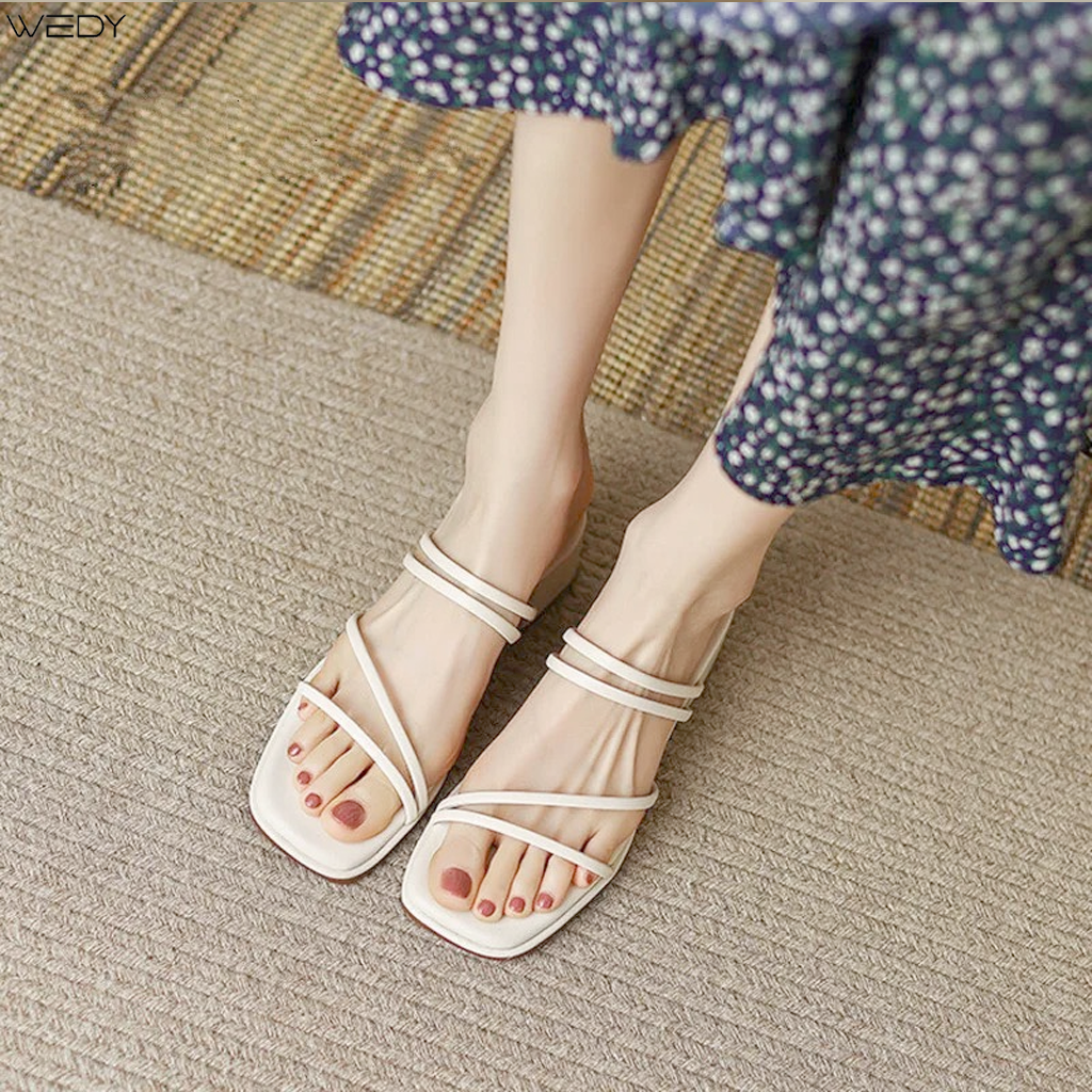 Giày Sandal Quai Mảnh Hở Ngón Đế Bệt, Sandal Quai Chéo Da Mềm Gót 3 Phân WD2321