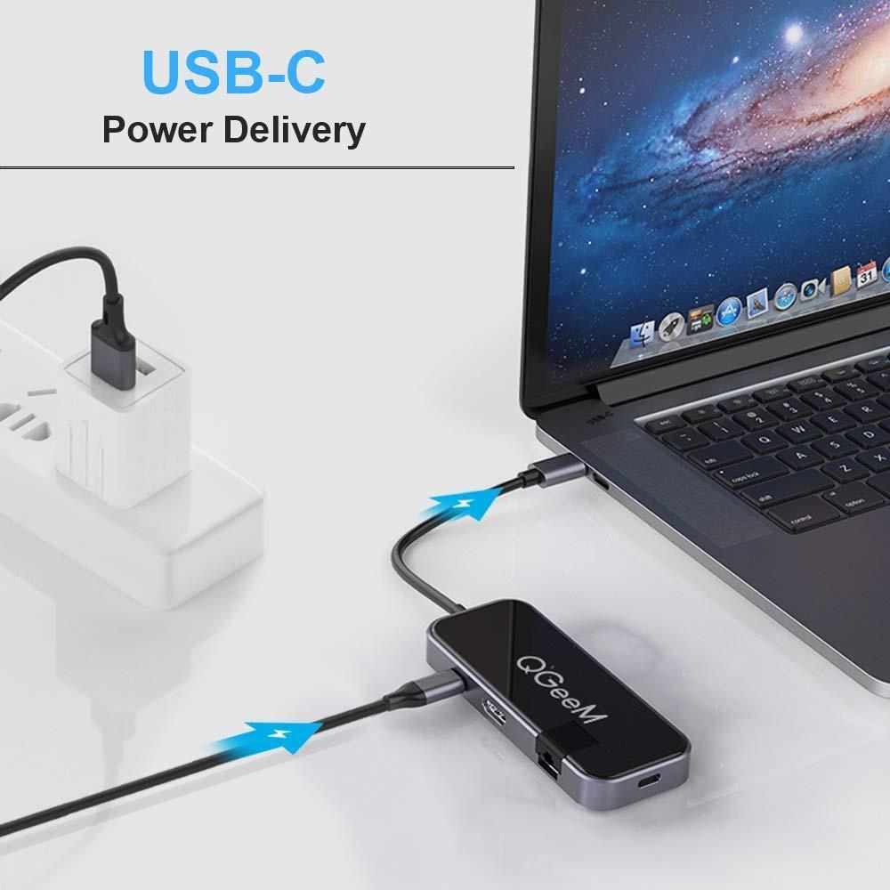 Đầu Chuyển Đổi QGeeM 6 Cổng USB C Sang HDMI RJ45 Ethernet 4k HDMI 2 USB 3.0 100W PD Chuyên Dụng Cho MacBook Pro XPS