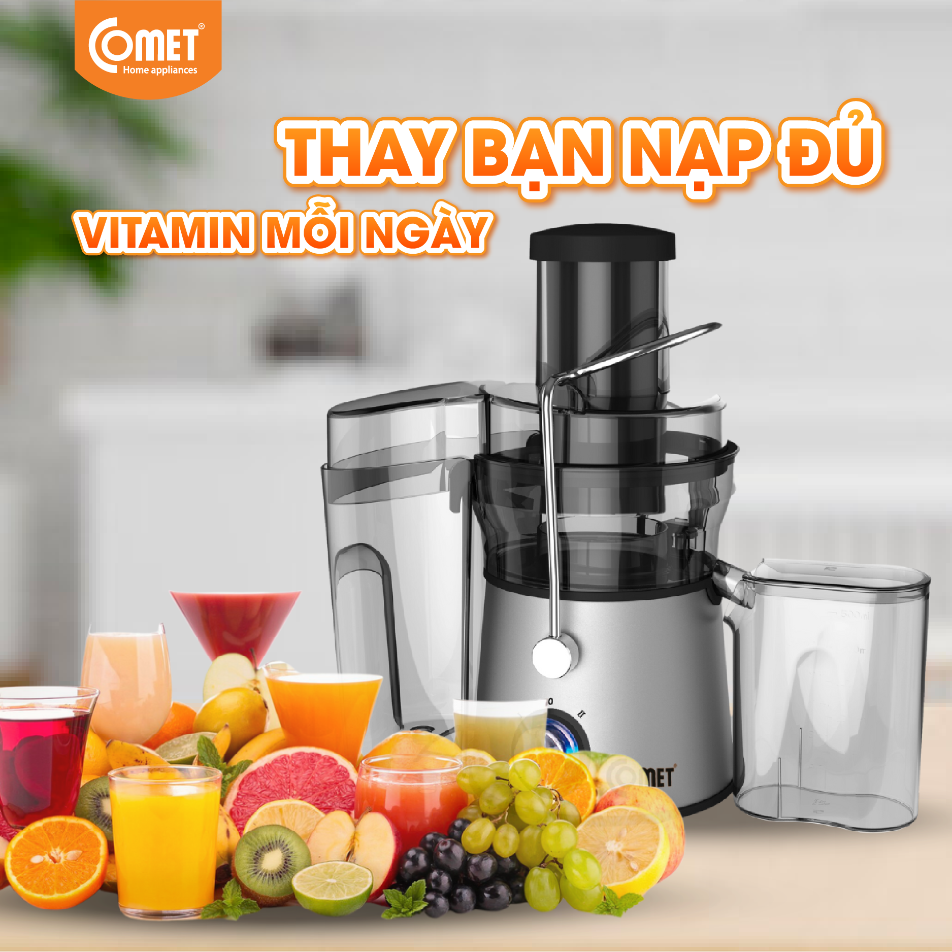 Máy ép trái cây Comet CM9836 công suất 600W – dung tích 1.5L, ép nhanh, lọc bã riêng – Hàng chính hãng, bảo hành 12 tháng