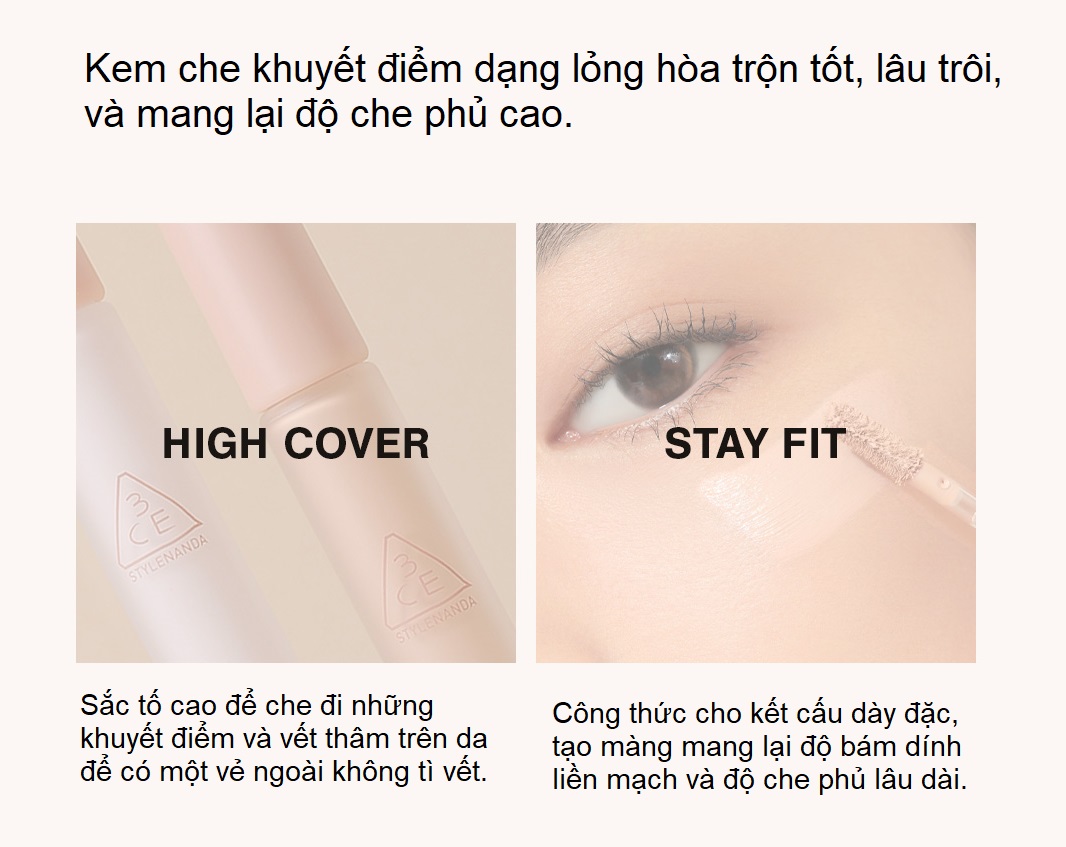 Kem Che Khuyết Điểm 3CE SKIN FIT COVER LIQUID CONCEALER 5.2G Đa Năng Giúp Che Khuyết Điểm Tự Nhiên Cho Lớp Trang Điểm Hoàn Hảo