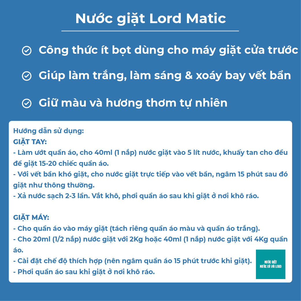 Nước giặt Lord Matic 3,8kg chuyên dùng cho máy giặt cửa trước