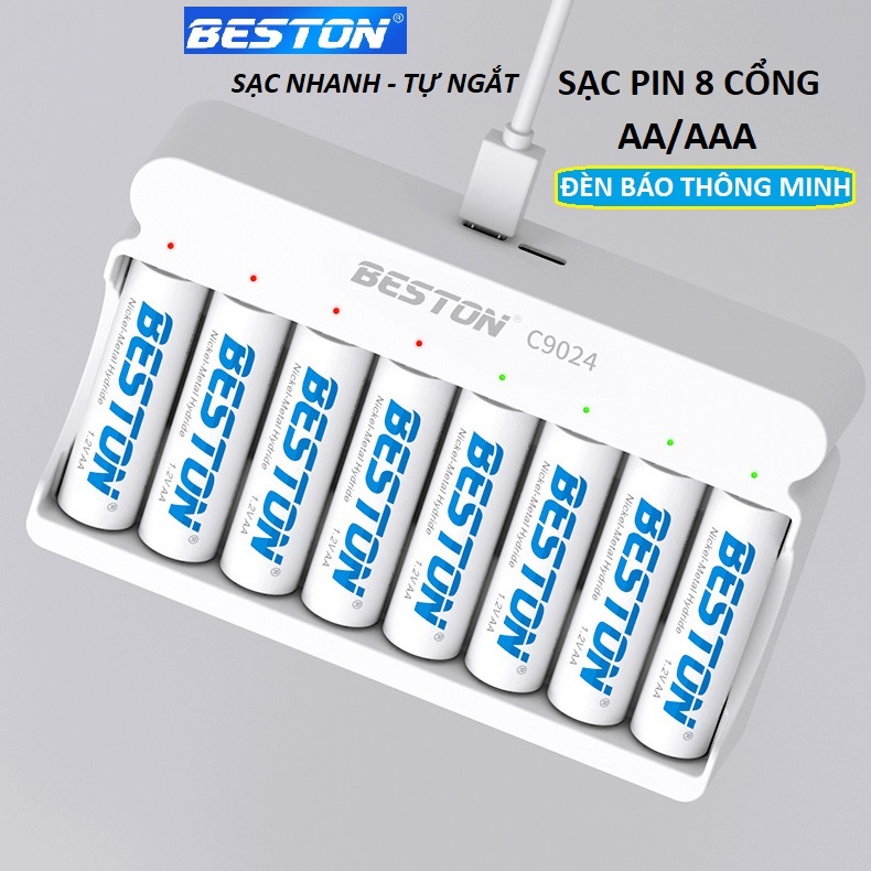 Bộ Sạc pin AA AAA 8 khe Beston C9024, có tính năng sạc nhanh, tự ngắt khi đầy, đèn báo thông minh, dùng cho micro, remote, đồ chơi, thiết bị điện tử - Hàng nhập khẩu