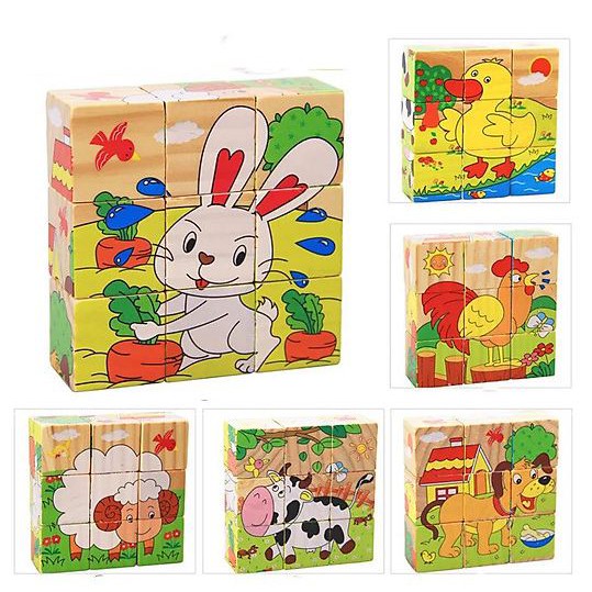Đồ chơi gỗ ghép hình 9 khối 6 mặt hoạt hình