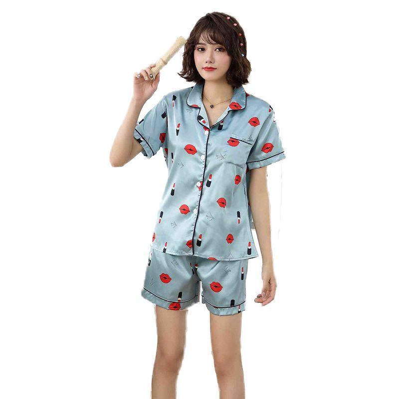 Pijama lụa satin xanh hình Môi