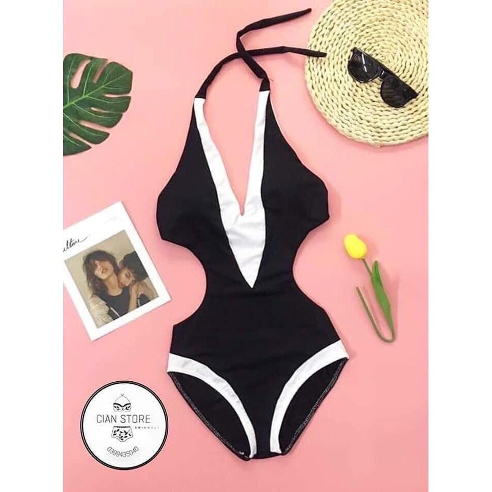 Bikini # Đồ Bơi Đi Biển Một Mảnh Thân Liền Trắng Đen Khoét Eo LT-065