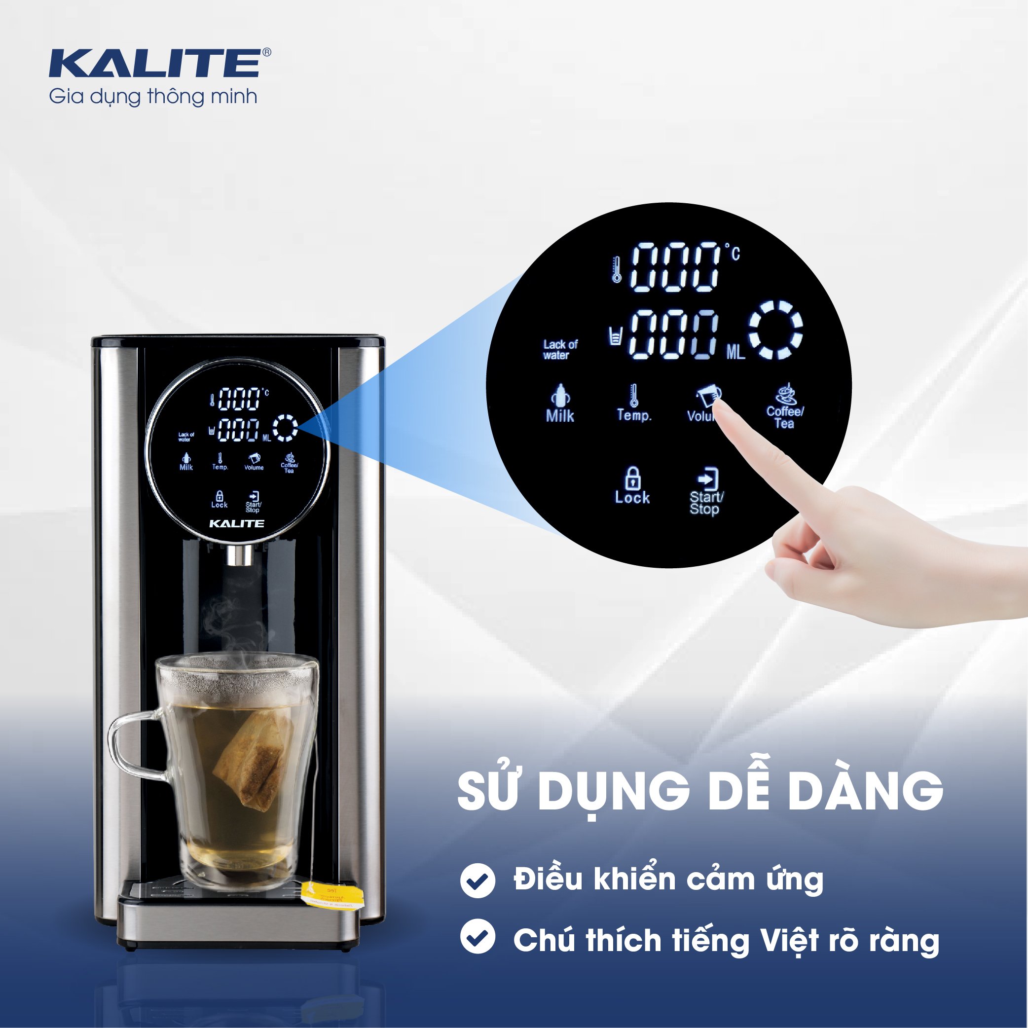 Bình thuỷ điện Kalite KL 888, dung tích 2,7L, công suất 2200W, bảng điều khiển cảm ứng, tùy chỉnh nhiệt độ và lượng nước, hệ thống lọc RO tự động, hàng chính hãng