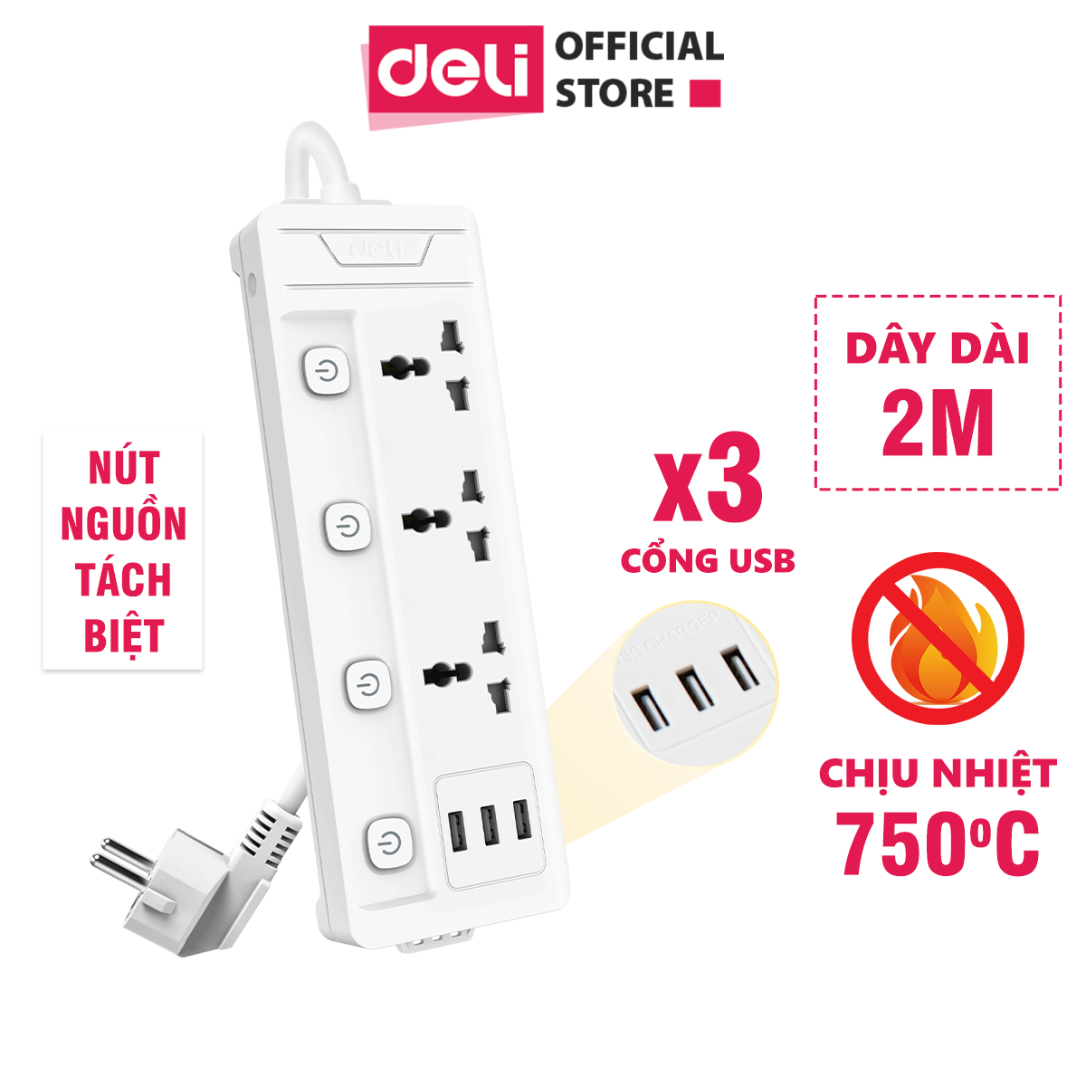 Ổ Cắm Điện Đa Năng Kèm Cổng Usb Công Tắc Riêng Chống Giật Chống Cháy Chất Lượng Cao Deli - Hàng Chính Hãng - Et409 410 411 - 3 Ổ Điện 3 Ổ Usb