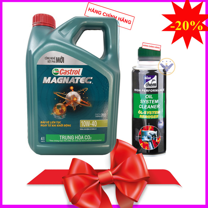 COMBO Dầu nhớt ô tô cao cấp tổng hợp Castrol Magnatec Dualock 10W-40 can 4L + Súc rửa động cơ Bluechem 250Ml