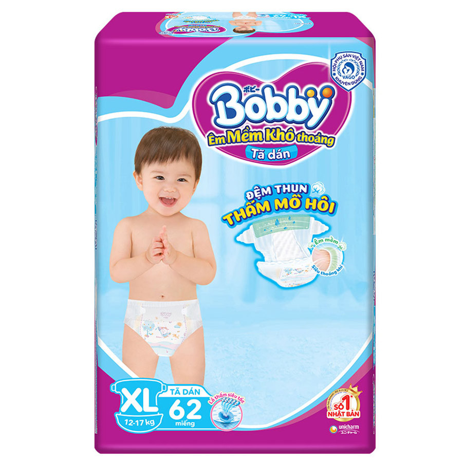 Tã Dán Bobby Siêu Mỏng Thấm Gói Siêu Lớn XL62 (62 Miếng)