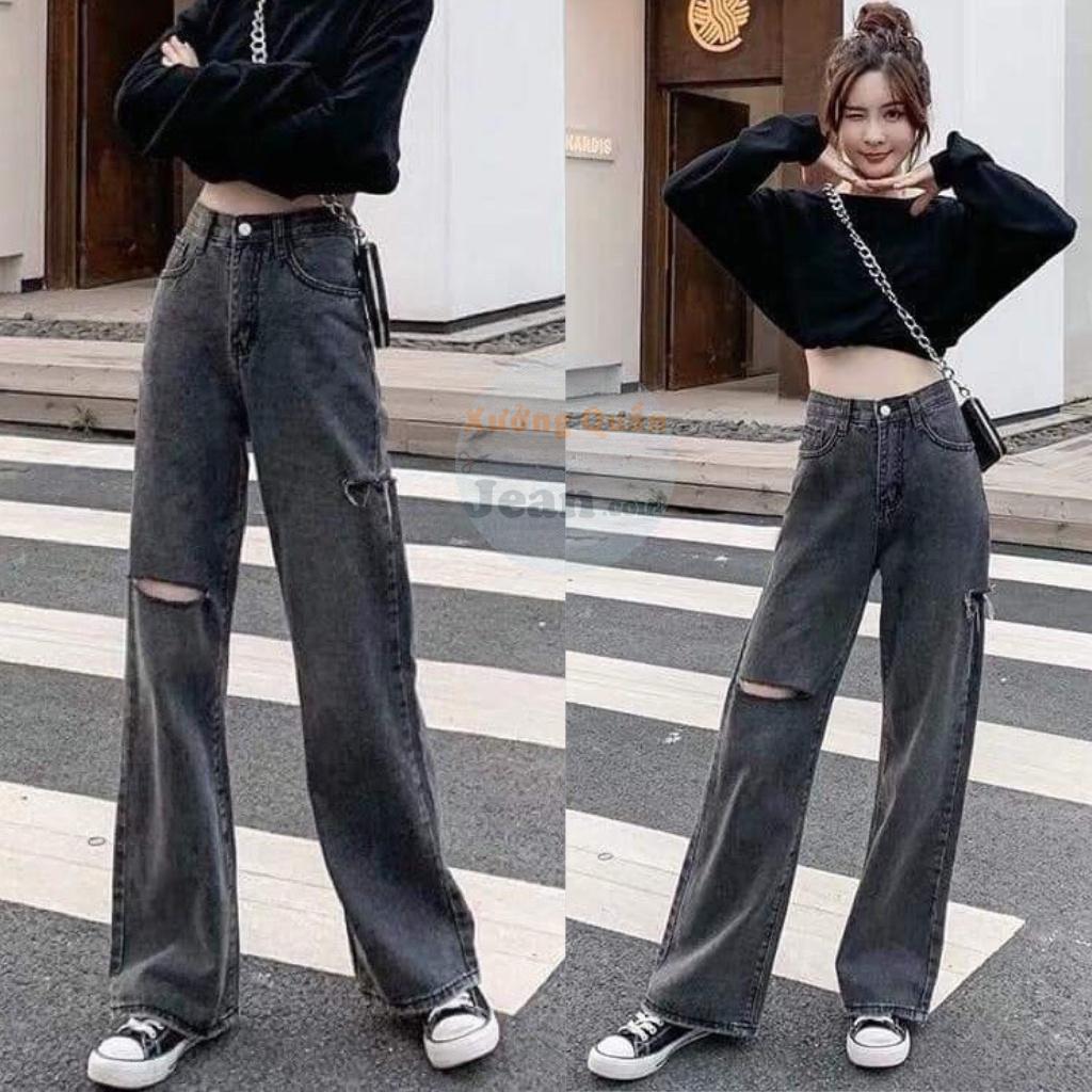 Quần Jeans Nữ Ống Rộng Rách Lưng Cao Màu Xám Khói, Quần Bò Ống Rộng Rách Hông và Đùi Siêu Hot 00.1