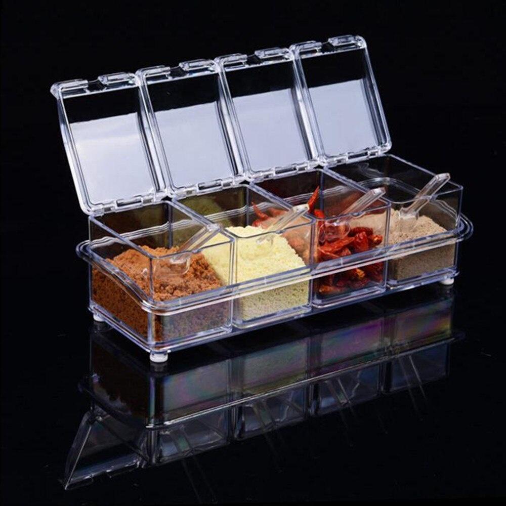Giá đựng gia vị trong suốt - 4 Hộp đựng gia vị acrylic - Lọ đựng gia vị lưu trữ - kèm nắp và thìa