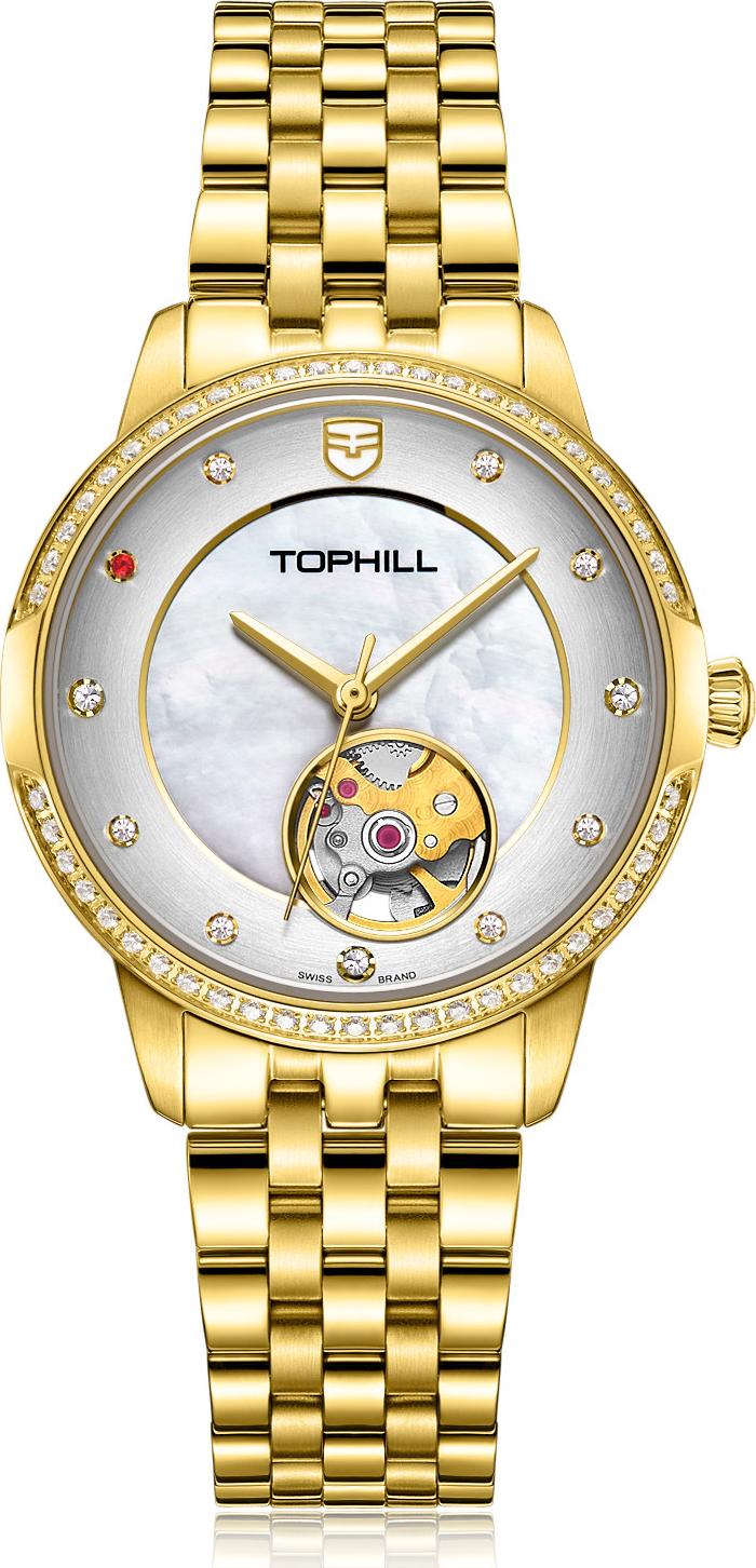 Đồng hồ nữ máy cơ tự động lộ máy mặt xà cừ đính đá chính hãng Thụy Sĩ TOPHILL TE035L.M2238
