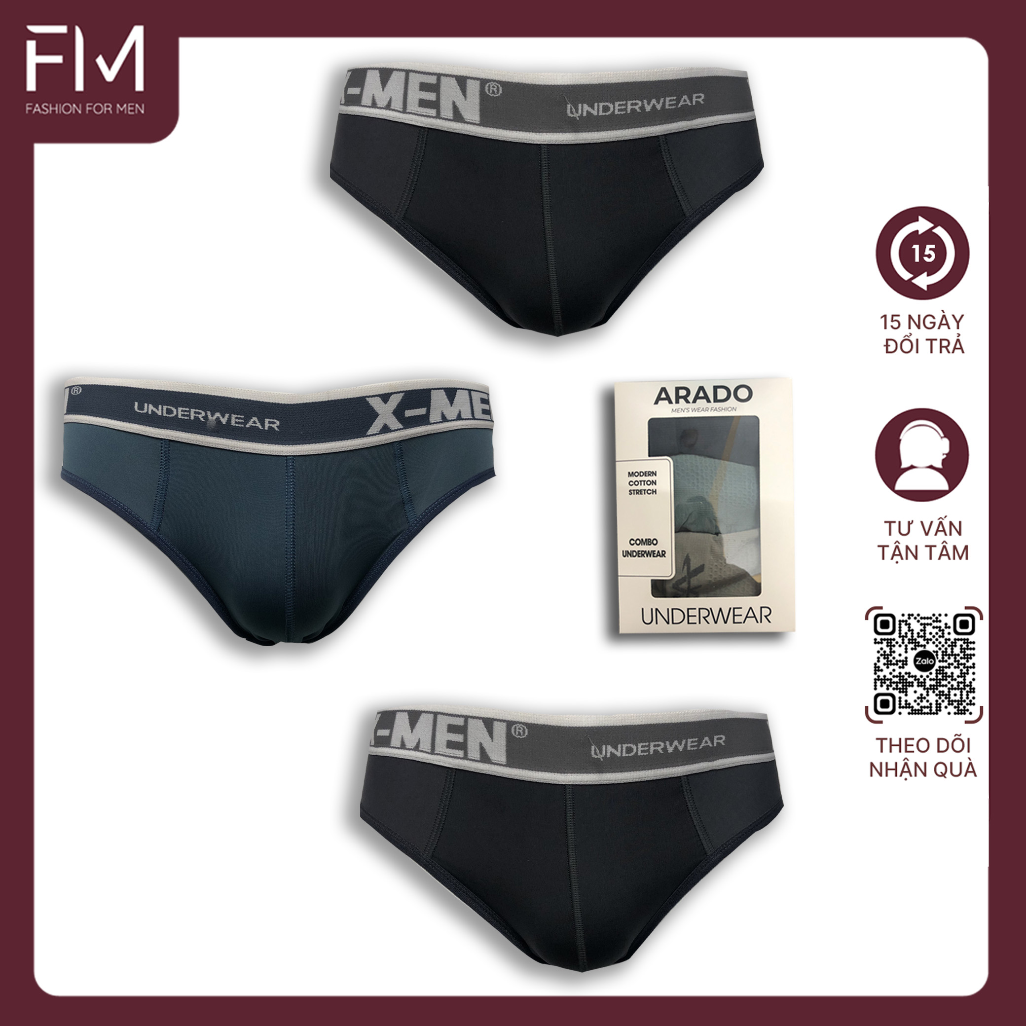 Combo 3 quần lót nam x-men, lưng quàn bản vừa, chất vải thấm hút mồ hôi - FORMEN SHOP - FM3QS005