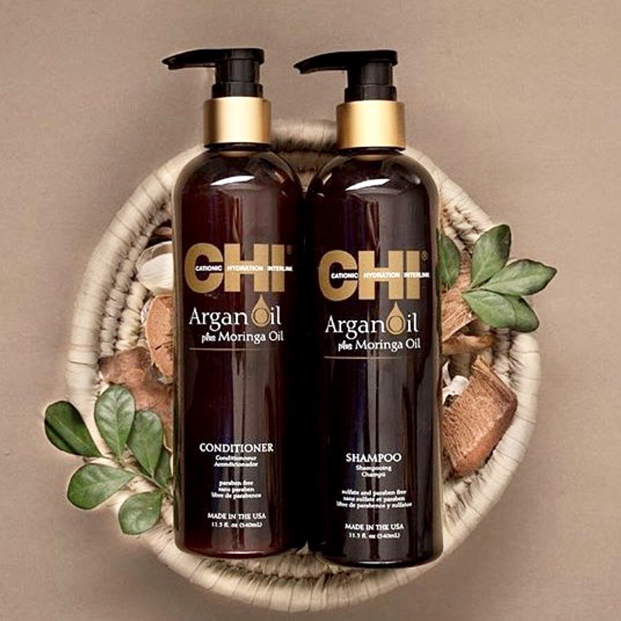 Bộ dầu gội xả CHI Argan Oil Plus Moringa Mỹ 340ml - Dưỡng ẩm mềm mượt trẻ hóa tóc