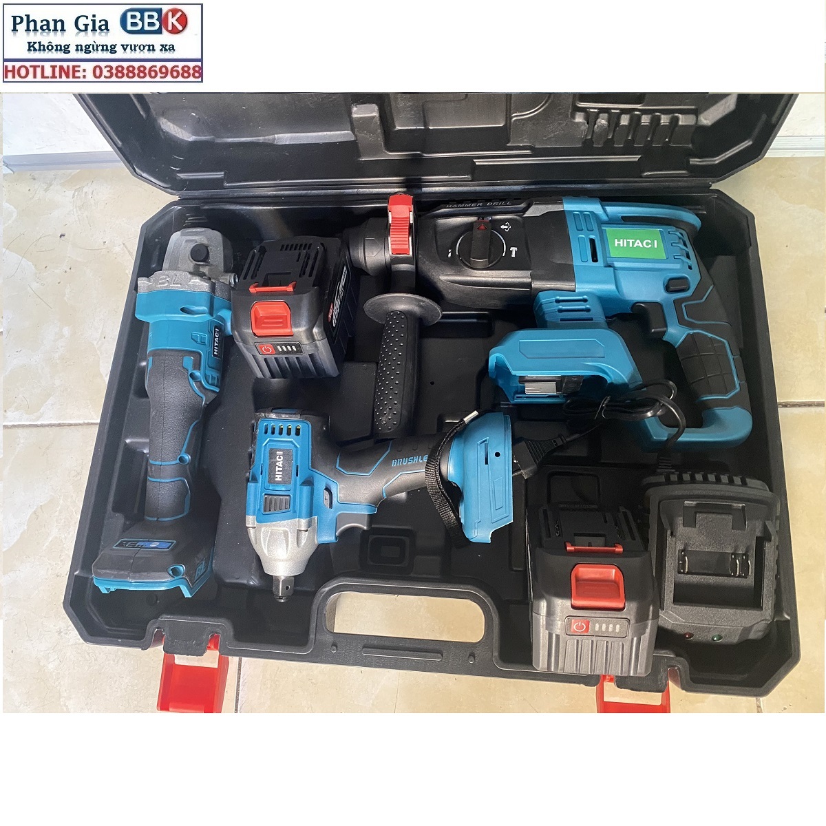 Bộ Combo 3 Trong 1 Gồm Máy Khoan Đục Bê Tông, Máy Mài Và Máy Siết Bulong Dùng Pin 199V, 2 Pin 15 Cell, Động Cơ Không Chổi Than 100% Lõi Đồng
