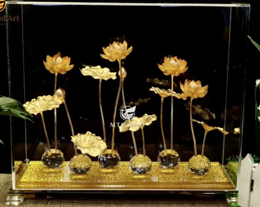 Hồ hoa sen dát vàng (47x16x39cm) MT Gold Art- Hàng chính hãng, trang trí nhà cửa, quà tặng dành cho sếp, đối tác, khách hàng, sự kiện