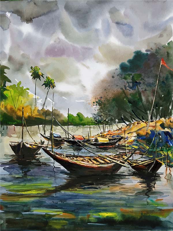 Tranh canvas phong cách màu nước (watercolor) - Bến thuyền vắng - WT017