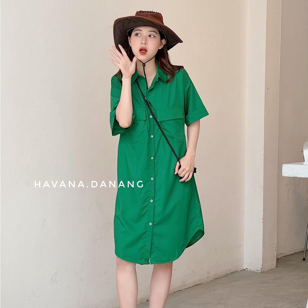 Đầm sơ mi tay cộc, sơ mi hai túi freesize form rộng