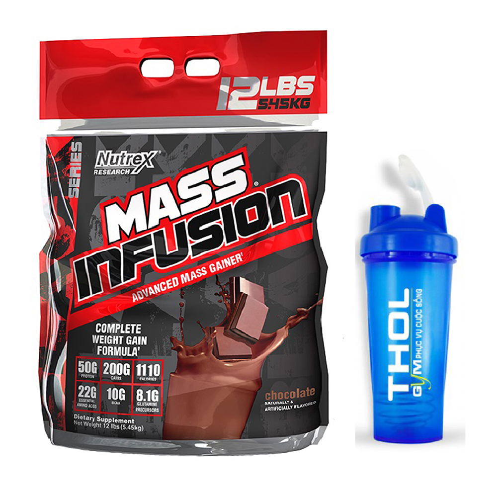 Combo Thực Phẩm Chức Năng Sữa tăng cân tăng cơ Mass Infusion của Nutrex hương Chocolate bịch Lớn 5.45kg hỗ trợ tăng cân, tăng cơ nhanh cho người gầy kén ăn, khó hấp thụ thức ăn  & Bình lắc 600 ml (Màu Ngẫu Nhiên)