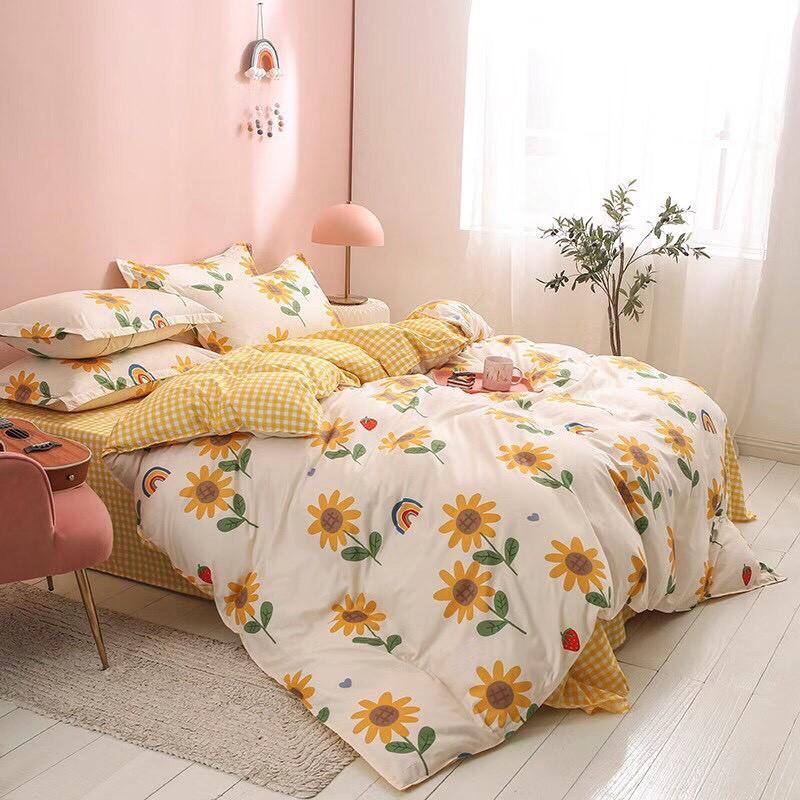 Bộ chăn ga Cotton Poly hoa vàng phối caro mẫu mới - Hàng nhập khẩu