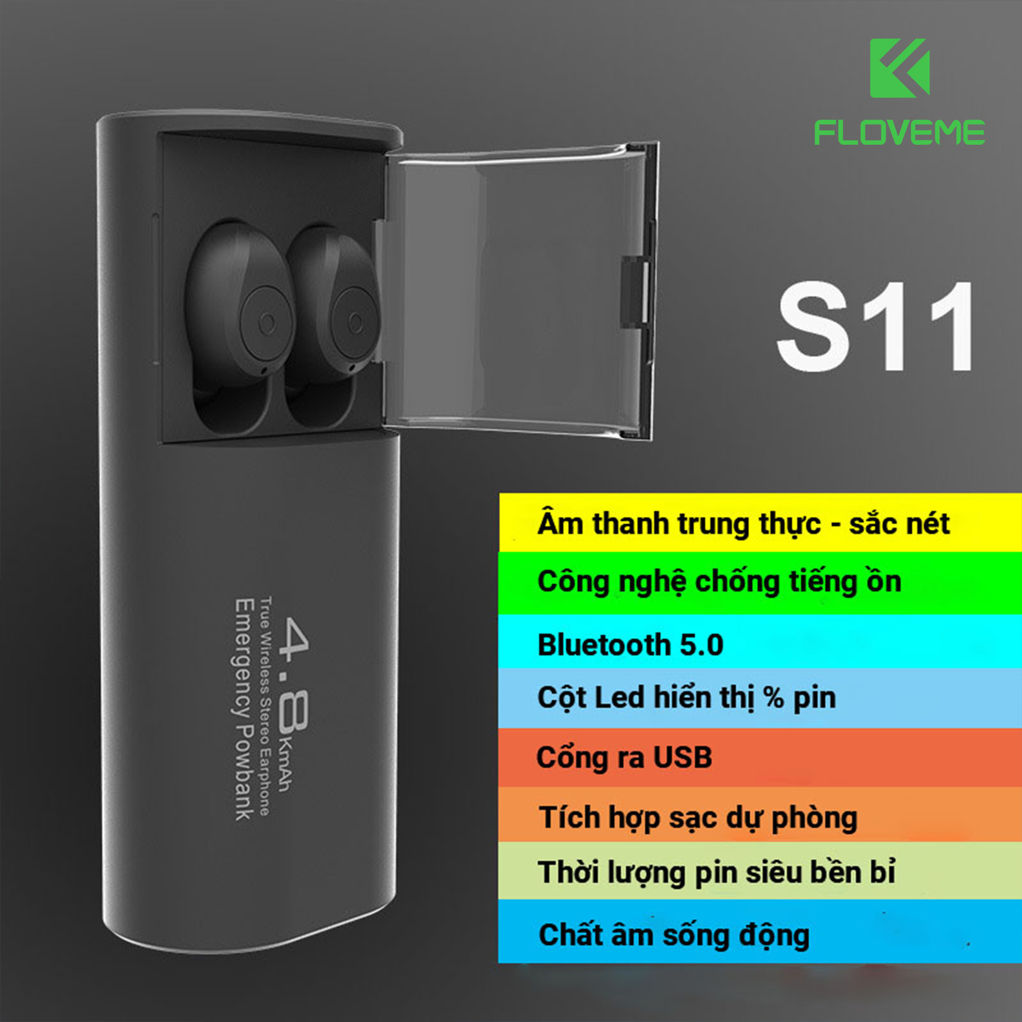 Tai nghe bluetooth  kiêm sạc dự phòng FLOVEME F11 –  Kiểu dáng sang trọng - Âm thanh HIFI chất lượng sống động –  Dung lượng pin 4800mAh sử dụng liên tục tới 7h - Chống nước IPX5  - Hàng Chính Hãng