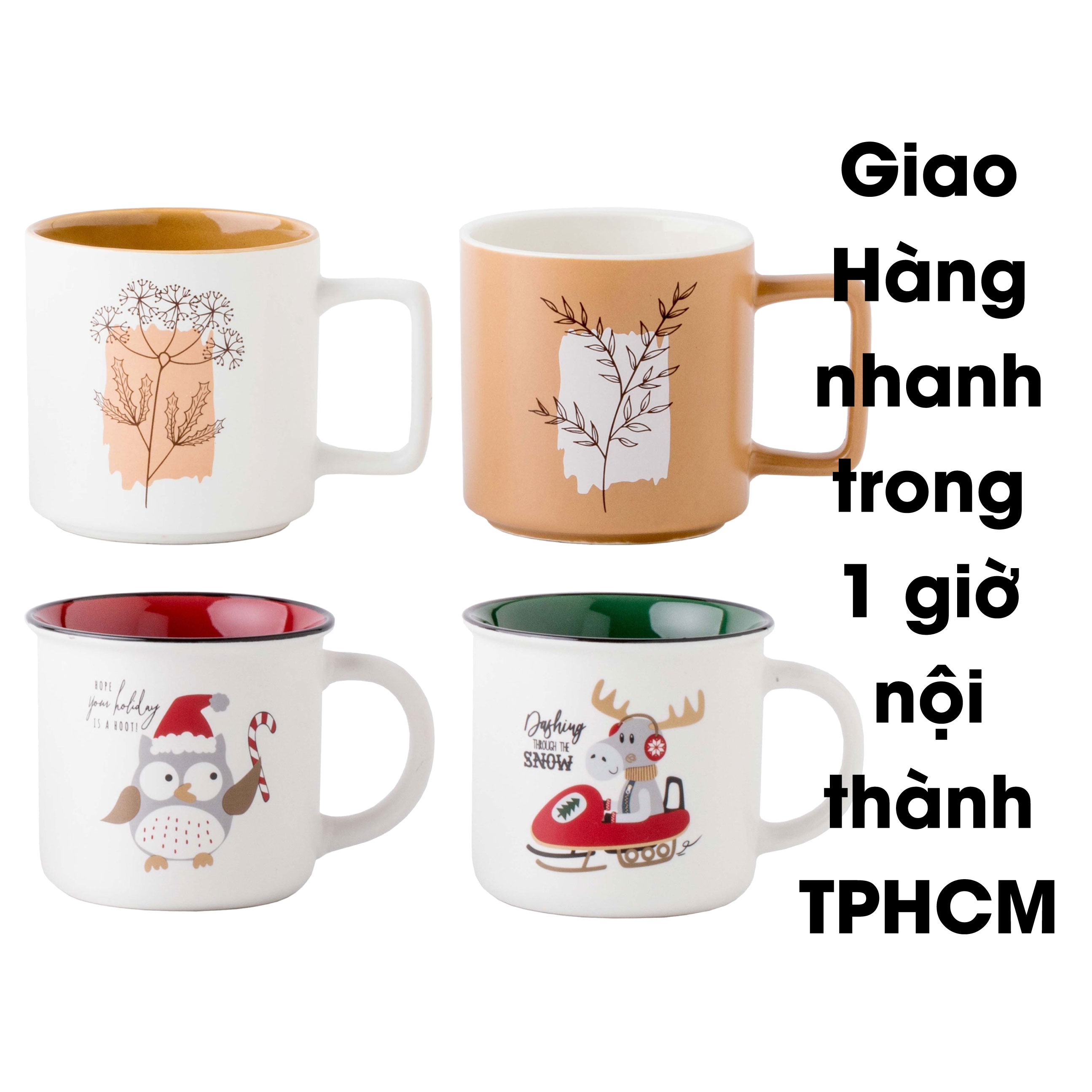 Cốc sứ tráng men trang trí hình Tuần Lộc cưỡi xe trượt tuyết 360ml