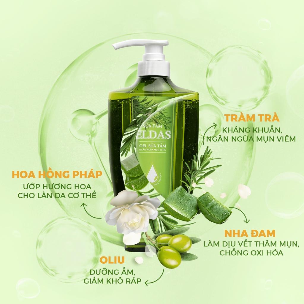 Bộ đôi Sữa tắm ngừa khuẩn ELDAS sạch 99% 550ml và Nước tẩy trang da dầu mụn Eldas tinh chất Tràm trà 250ml