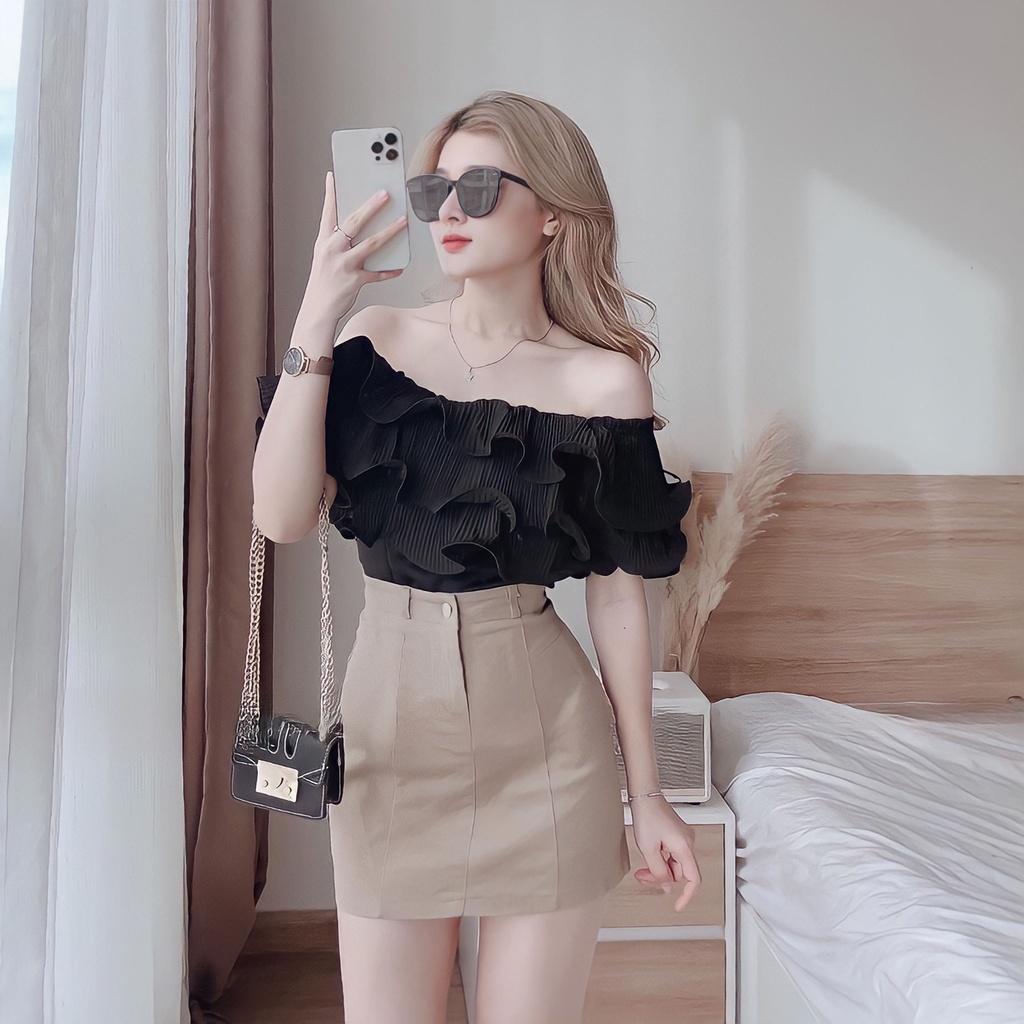 Áo Croptop Trễ Vai Nữ Xếp Ly Viền Tầng