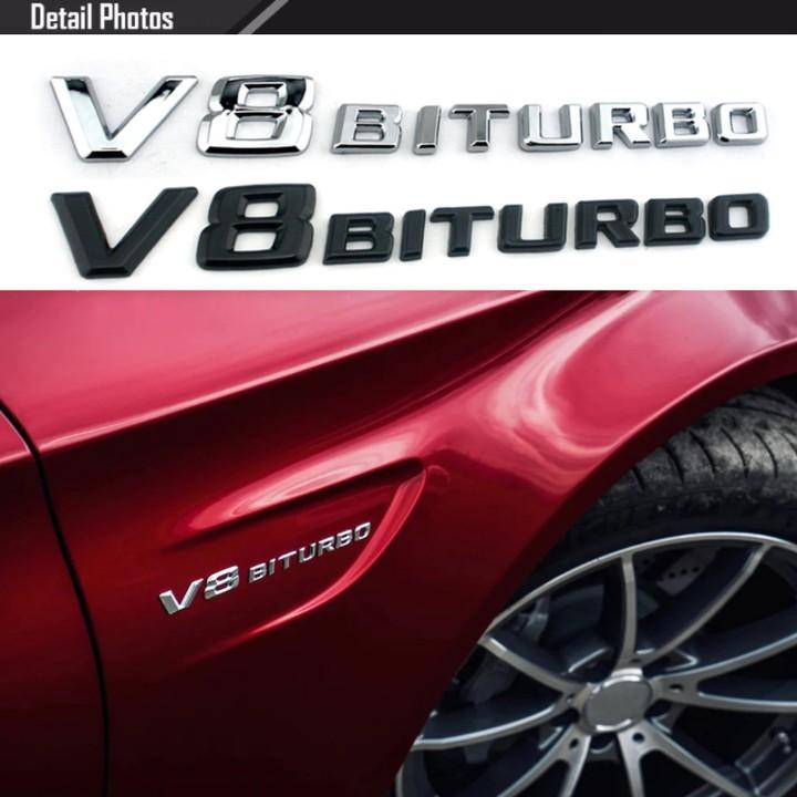 Decal tem chữ V8 Biturbo dán hông xe Mercedes. Chất liệu nhựa ABS mạ crom, kích thước 19*2.3cm.