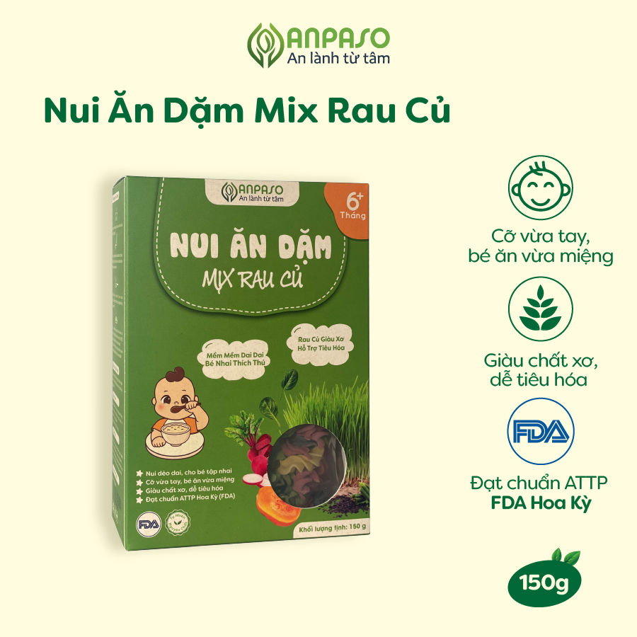 Nui Ăn Dặm Mix Rau Củ Anpaso Cho Bé Từ 6 Tháng Tuổi Hộp 150g, Thực Phẩm Bổ Sung Dinh Dưỡng Chất Xơ, Vitamin K và Canxi cao