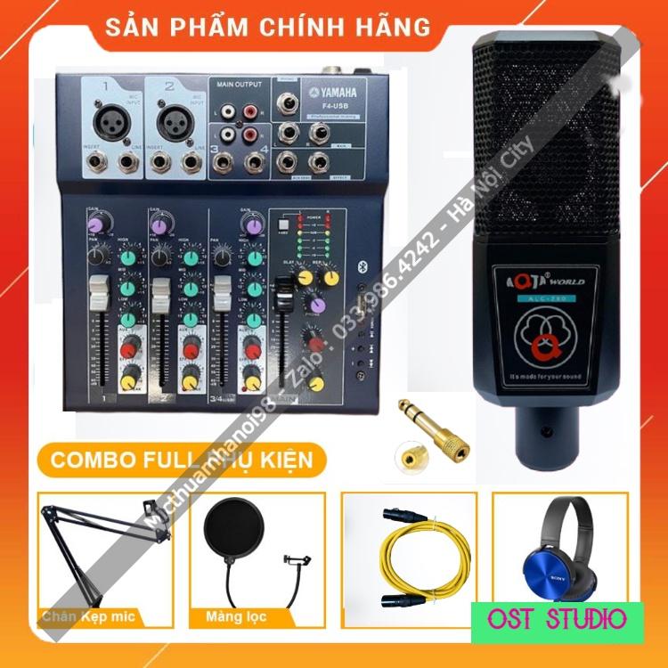 Combo Mic Thu Âm ALC AQ280 Với Mixer F4 Yamaha Có Bluetooth Chân Kẹp Dây Mic 3m Dây Livestream Chế Jack 6.5