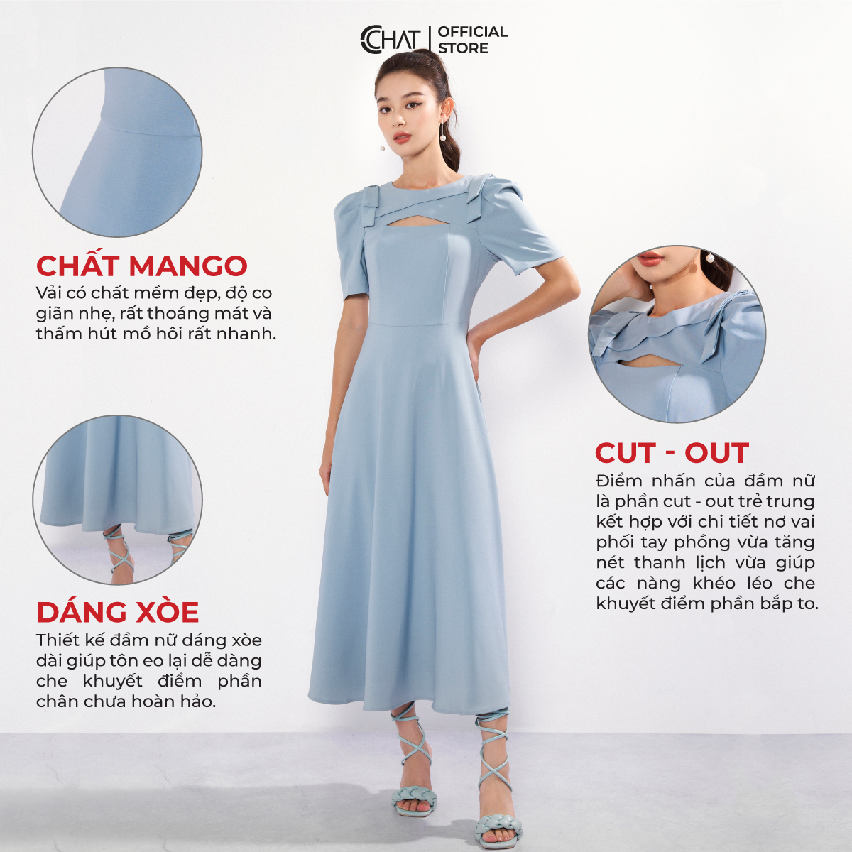 Đầm Nữ CCHAT Kiểu Cutout Ngực 2 Nơ Vai Dáng Xòe Chất Mango Cao Cấp 22VNE2010XT