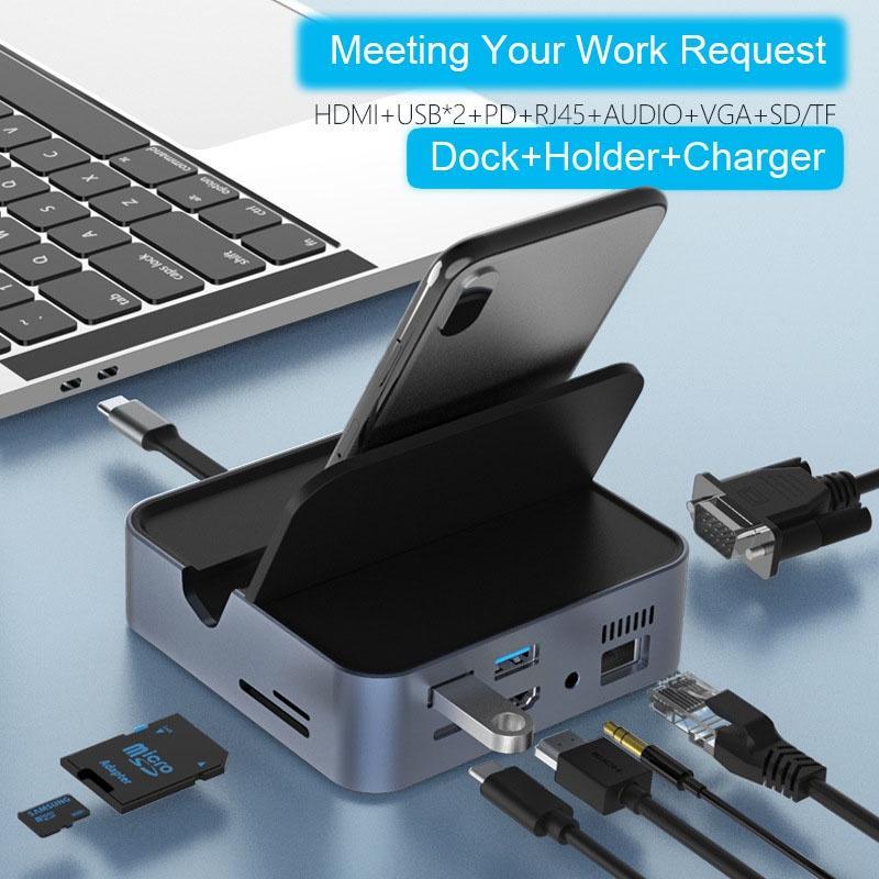 Bộ Chia Cổng USB Type C Sang HDMI 4K VGA RJ45 USB3.0 TF / SD 3.5mm Sạc Nhanh 9 Trong 1
