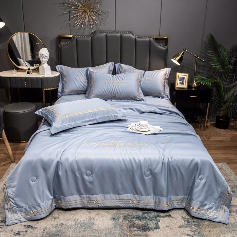 Bộ Chăn Trần Ga Và Gối Phi Lụa DreamCity Home Thêu 3 Sọc Tiện Lợi Cho Mùa Hè Thu ,Có Đủ Kích Thước Gường