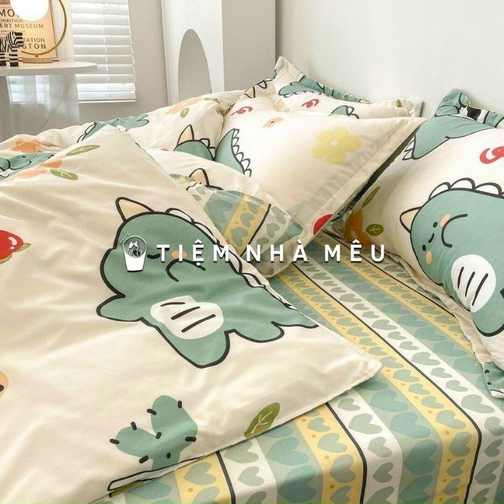 Bộ Chăn Ga Gối Cotton 80% m6/m8/2m-Tiệm Nhà Mêu 2 Vỏ gối ,drap , vỏ chăn Cotton Dino Xanh Cao Cấp Nhập Kh