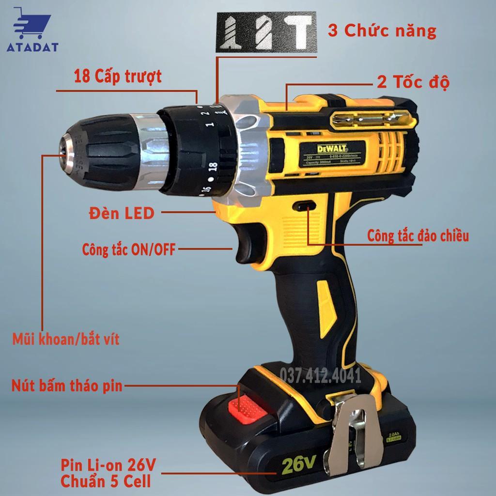 MÁY KHOAN PIN DEWALT 26V - PIN CHUẨN 5 CELL - KHOAN TƯỜNG, SẮT, THÉP, BẮT VÍT, BẮN VÍT