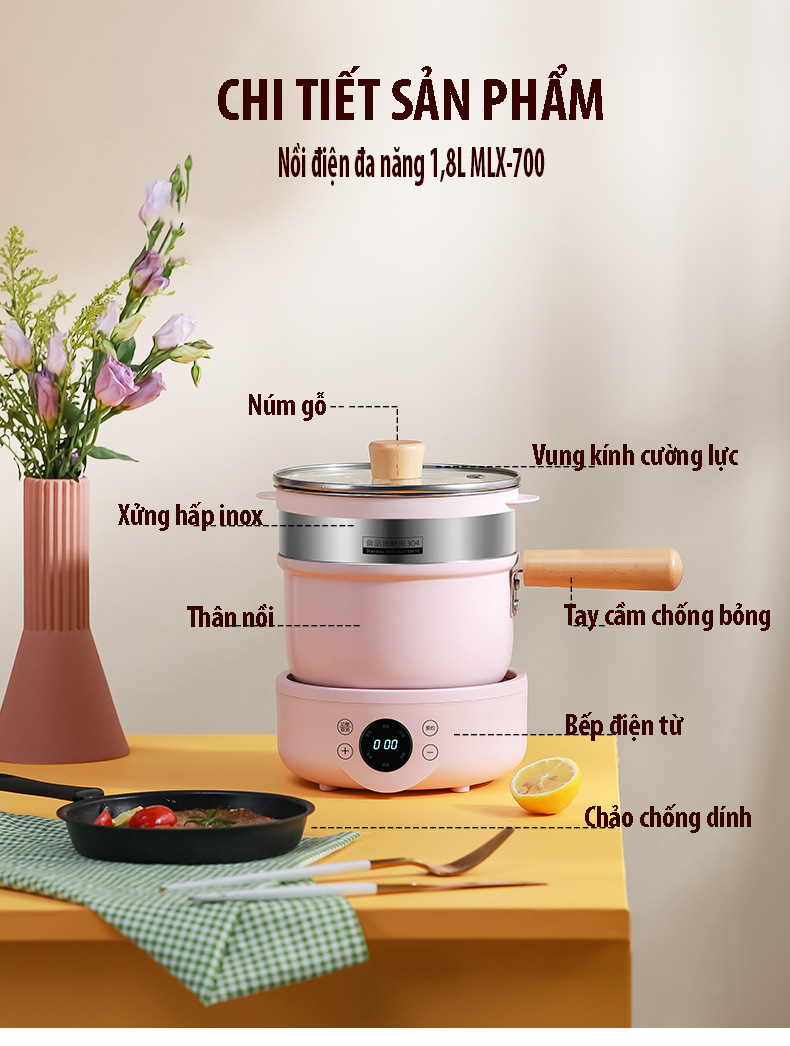 nồi đa năng 3 tầng nhập khẩu M-700 dung tích 1,8L tặng kèm chảo