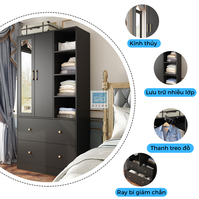 Tủ Quần Áo Có Gương Soi, 2 Ngăn Kéo Lớn Tiện Dụng Thiết Kế Hiện Đại SIB Decor TA202