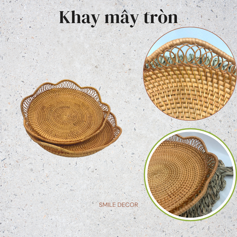 Khay mây tròn cánh hoa đựng trái cây Smile Decor