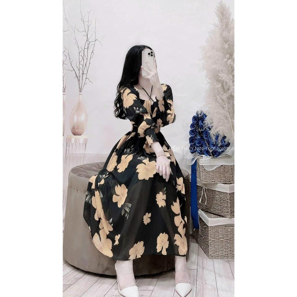 T105 maxi dáng xòe voan hoa tay dài dây chéo cổ đi biển