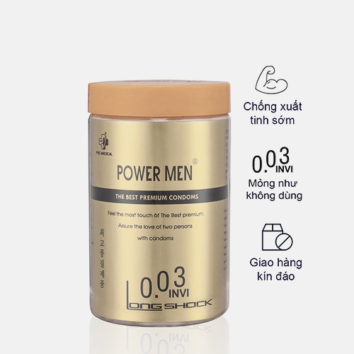 Bao cao su siêu mỏng kéo dài thời gian Power Men 0.03 Invi Long Shock (Lọ 12 chiếc)