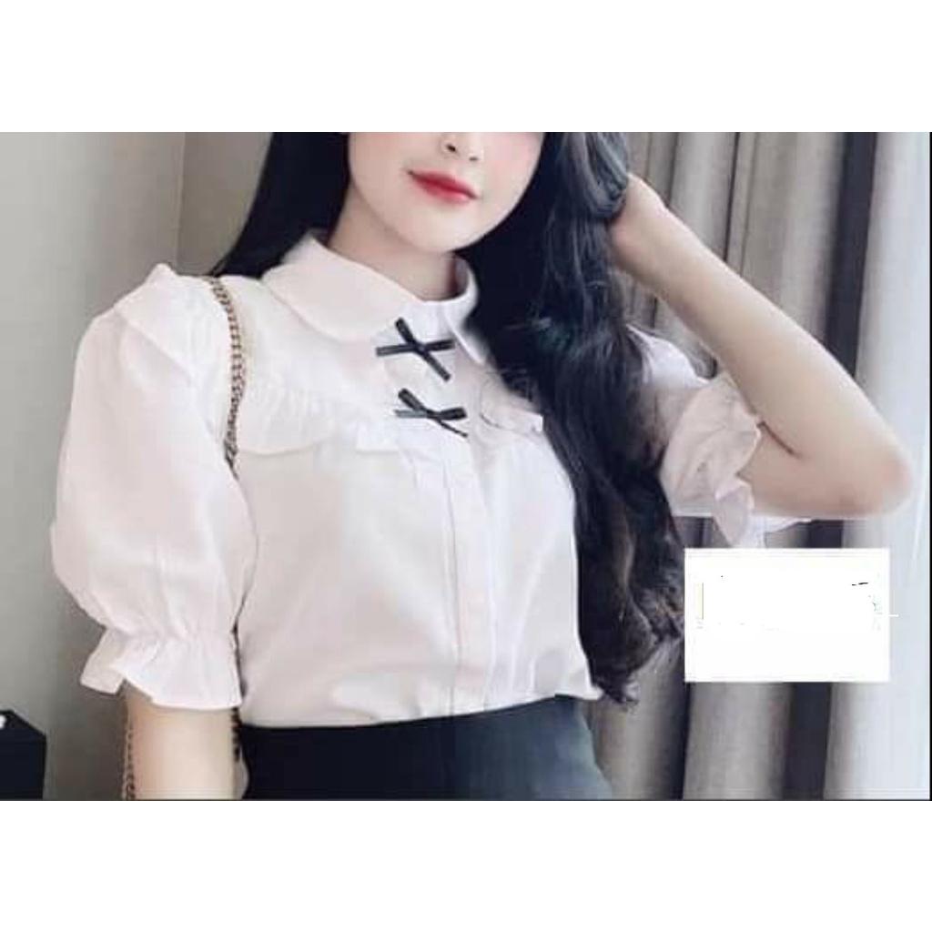 Áo Sơ Mi Nữ công sở thời trang SURI chất liệu vãi Lụa màu trắng Ngắn Tay Cổ Tròn Sen Bèo.